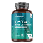 Flacon de capsules molles d’huile de poisson Oméga 3, étiquette bleue et brune