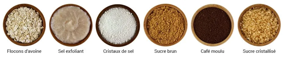 différents recipients contenant du sel du sucre et de l'avoine