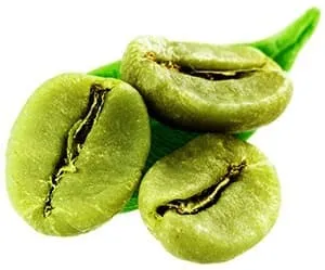 trois grains de café vert avec une feuille verte sur un fond blanc