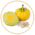 deux fruits garcinia cambogia coupés en deux avec des gélules sur fond blanc