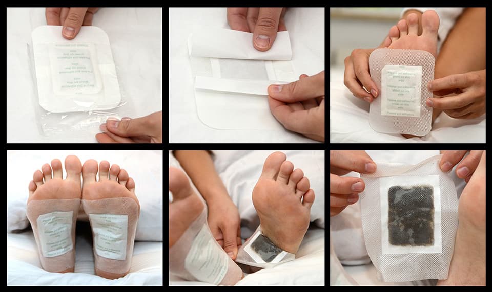 plusieurs photos de patchs detoxifiants pieds appliqués sur la peau