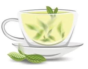 tasse de thé vert avec des feuilles à l'intérieur sur un fond blanc