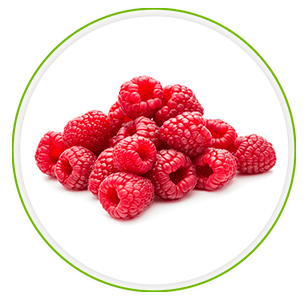 tas de framboises sur un fond blanc encerclé d'un cercle vert