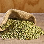 tas de grains de café vert dans un sac se vidant sur le sol