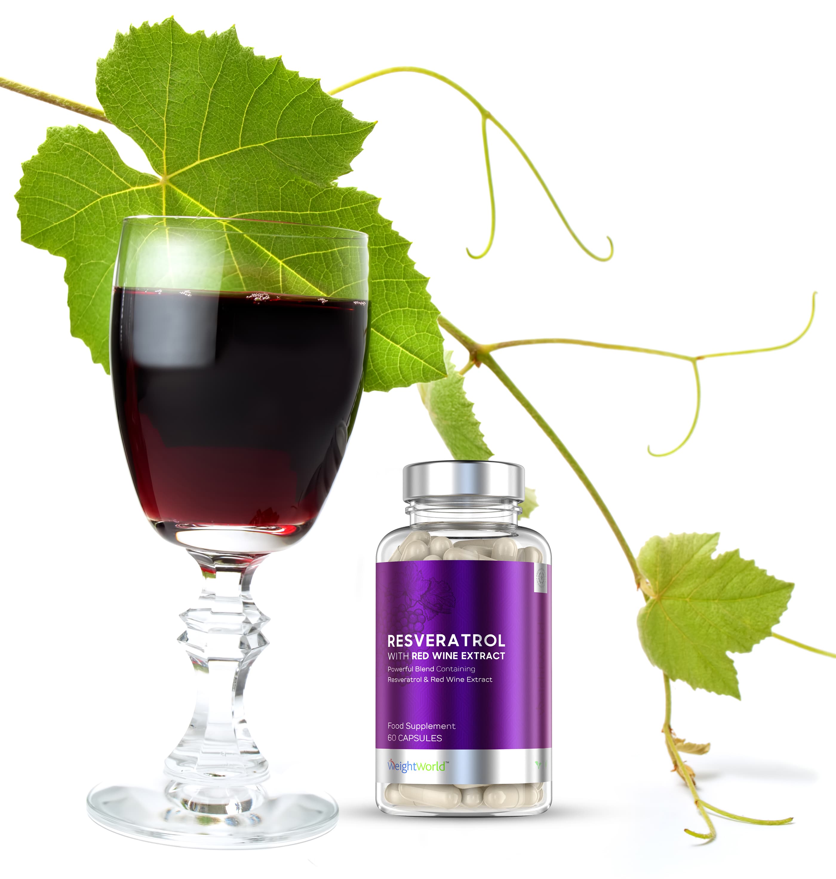 boite de resveratrol et verre de vin rouge avec des feuilles vertes boite de resveratrol et verre de vin rouge avec des feuilles vertes