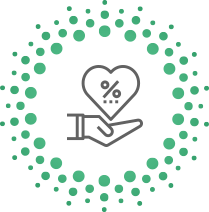 Un cercle de cercles verts avec une main dessinée grise au milieu avec un coeur dessiné avec un signe de pourcentage dedans