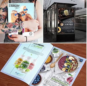 Magazines et publicité à un arrêt de bus faisant la promotion de café maigre et de produits à base de café vert