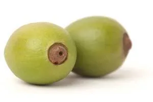 deux olives vertes posées sur le sol sur un fond blanc