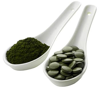 Deux cuillères en porcelaine blanche l'une remplie de poudre de chlorella verte et l'autre de pilules vertes Deux cuillères en porcelaine blanche l'une remplie de poudre de chlorella verte et l'autre de pilules vertes