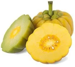 deux fruits de garcinia cambogia coupés en deux sur un fond blanc