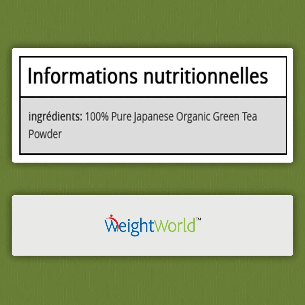 Informations nutritionnelles de la poudre de thé matcha bio WeightWorld