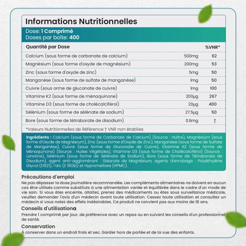Informations nutritionnelles du complexe calcium, magnésium et zinc
