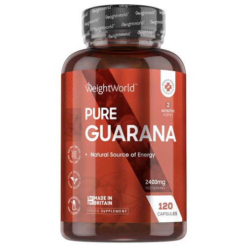 vue de face de la bouteille de capsules de guarana Pure Weightworlds vue de face de la bouteille de capsules de guarana Pure Weightworlds