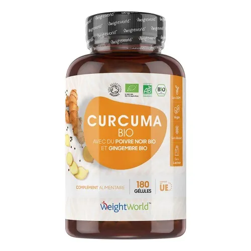 gelules de curcuma avec vitamine d de weightworld sur un fond blanc et marron