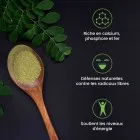Moringa Bio riche en nutriments essentiels : phosphore, calcium, fer.