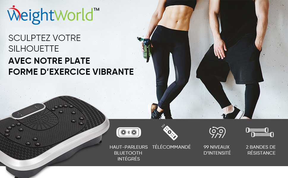 Plateforme vibrante WeightWorld avec haut-parleurs intégrés, télécommande et bandes de résistance