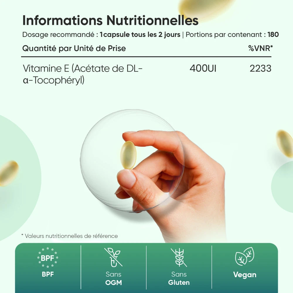 Capsule de Vitamine E WeightWorld 400 UI, informations nutritionnelles et main