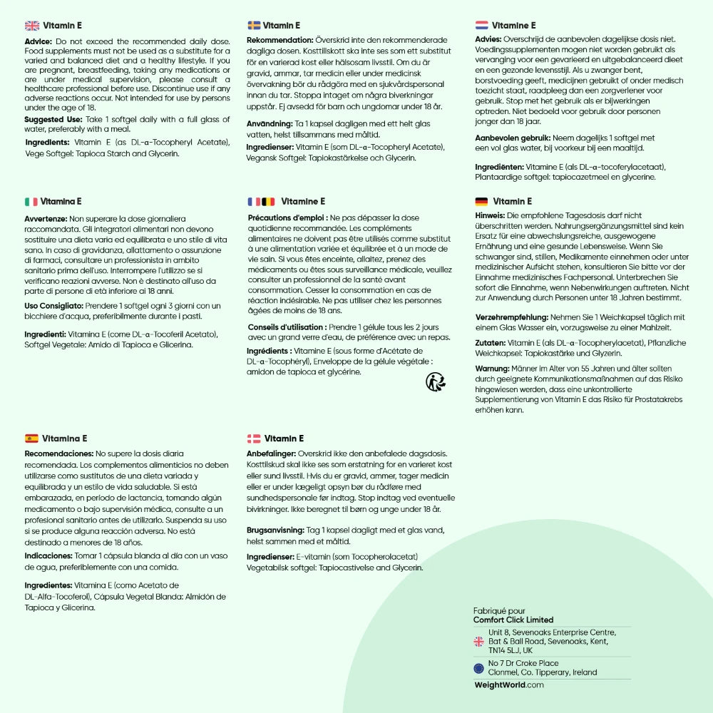 Notice multilingue WeightWorld Vitamine E 400 UI, conseils d’utilisation