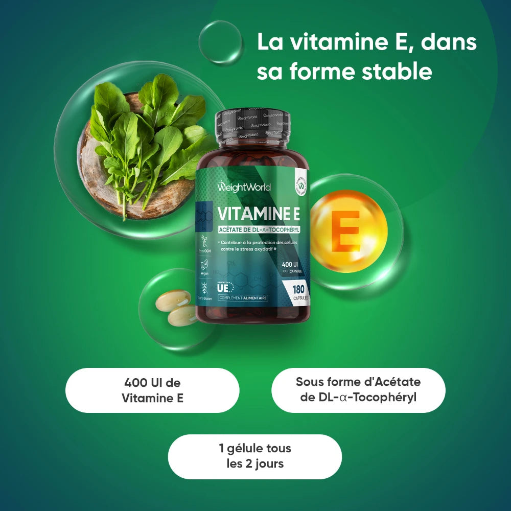 Flacon Vitamine E 400 UI WeightWorld entouré de gélules pour prise orale