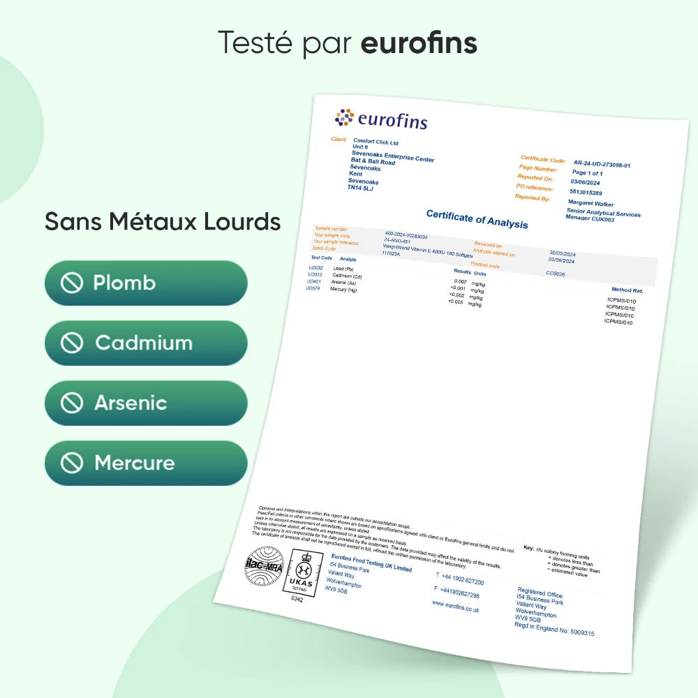 Certificat d’analyse WeightWorld pour Vitamine E 400 UI, métaux lourds