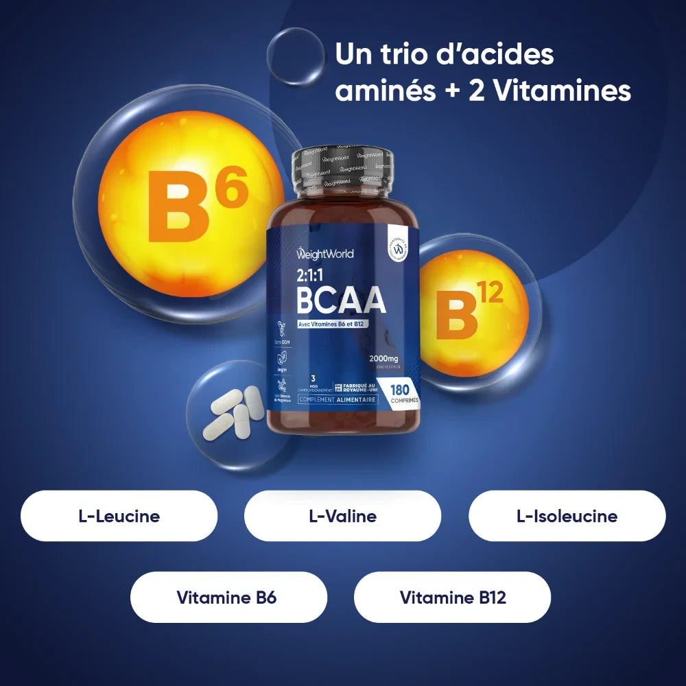 Flacon BCAA 2:1:1 avec schéma de B6, B12 et acides aminés visibles
