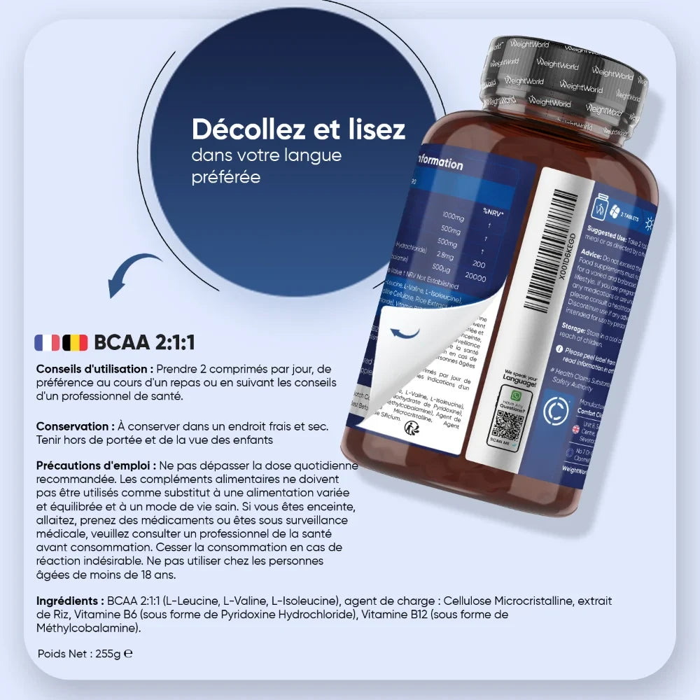Face arrière du flacon BCAA 2:1:1 avec conseils et informations produit