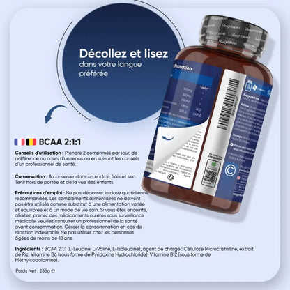 Face arrière du flacon BCAA 2:1:1 avec conseils et informations produit