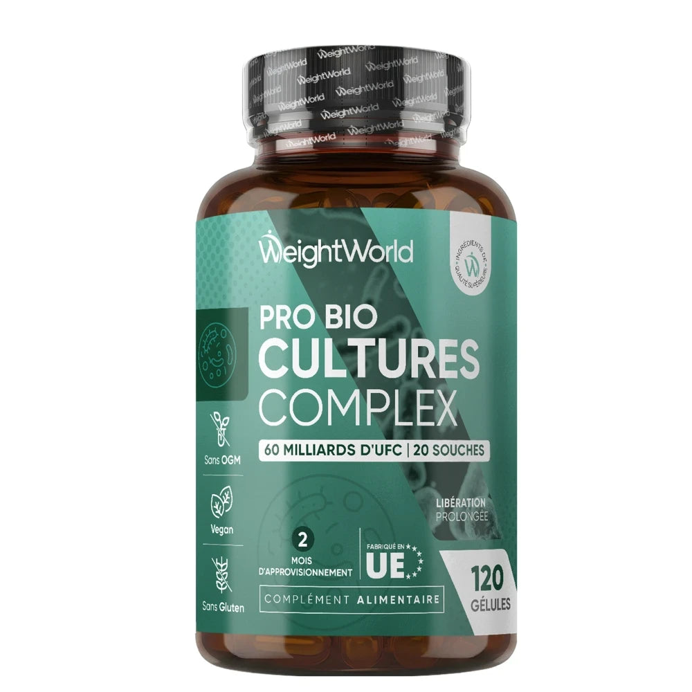 Bouteille de complément alimentaire WeightWorld Pro Bio Cultures Complex, étiquette verte