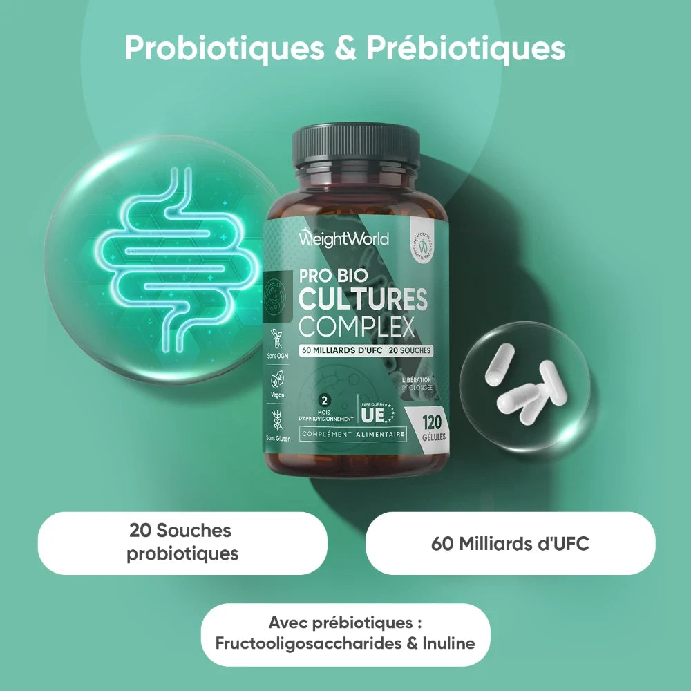 Panneau produit: probiotiques & prébiotiques, 20 souches, 60 milliards d’UFC, 120 gélules