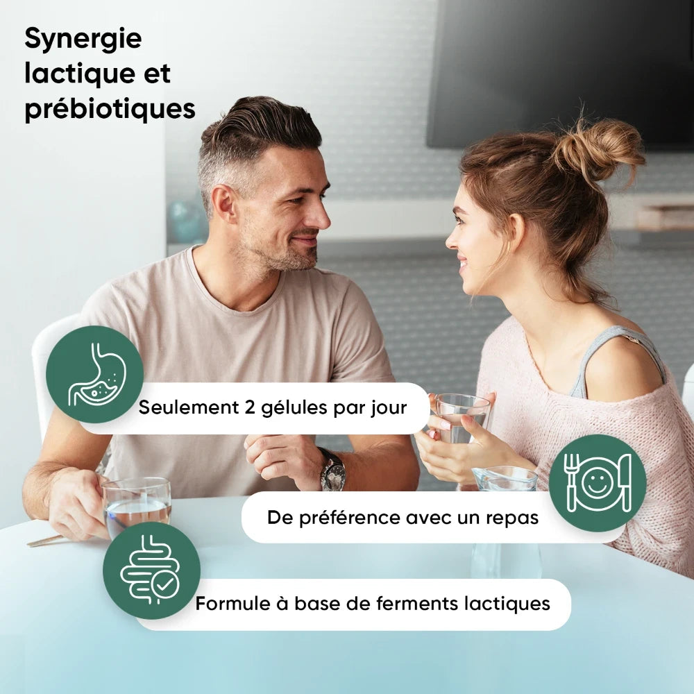 Complément probiotiques: synergie lactique et prébiotiques, 2 gélules/jour, avec repas