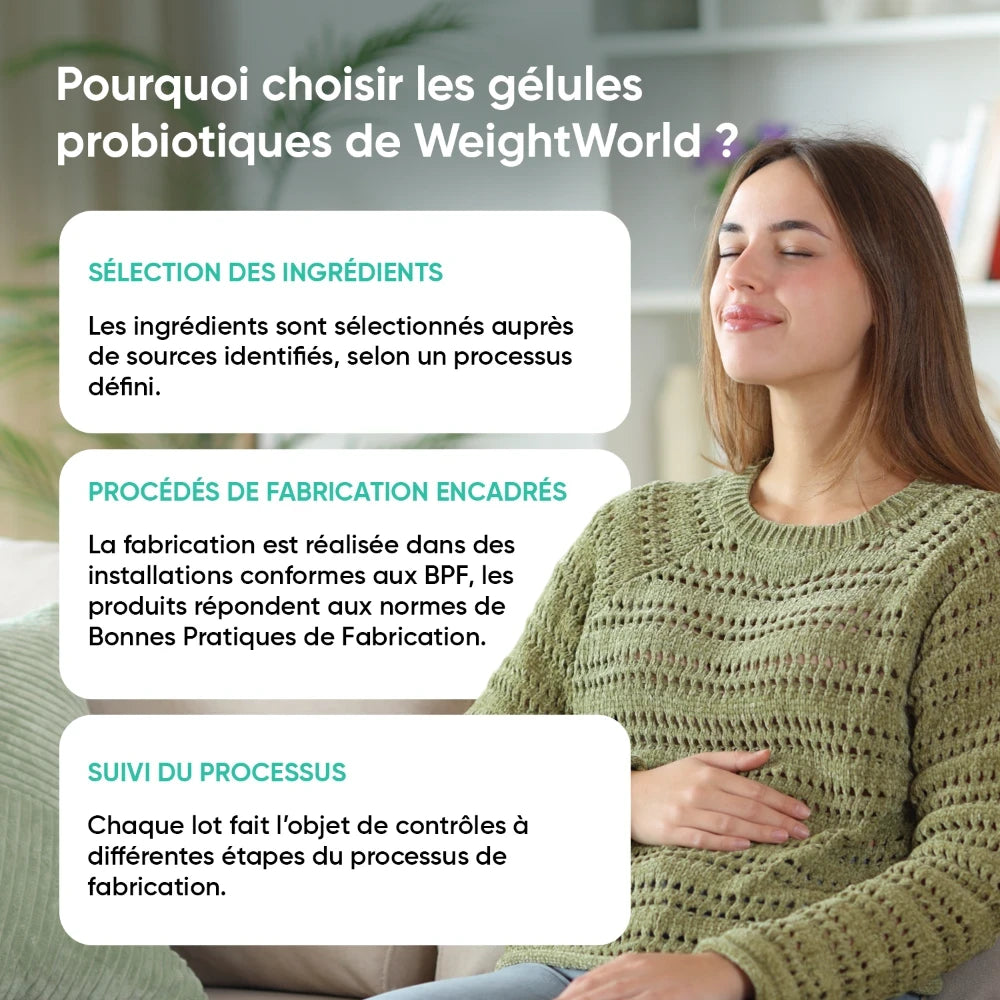 Infographie gélules probiotiques WeightWorld: ingrédients sélectionnés, fabrication encadrée, suivi