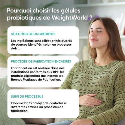Infographie gélules probiotiques WeightWorld: ingrédients sélectionnés, fabrication encadrée, suivi