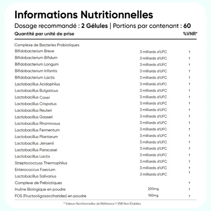 Tableau nutritionnel du complément: complexe de bactéries probiotiques et valeurs