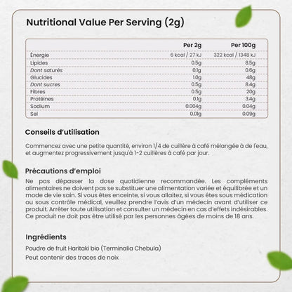 Informations nutritionnelle du Haritaki Bio en poudre