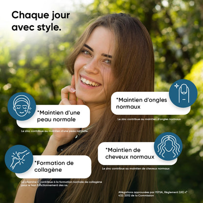 Complément Collagène marin WeightWorld avec pictogrammes : ongles, peau et cheveux