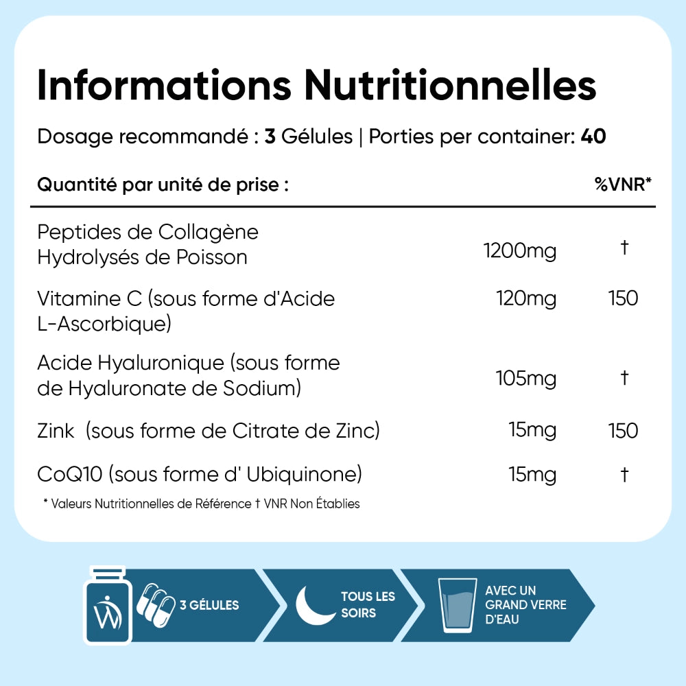 Informations nutritionnelles : 3 gélules, 1200 mg peptides de collagène, zinc et CoQ10