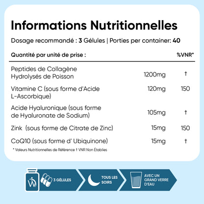 Informations nutritionnelles : 3 gélules, 1200 mg peptides de collagène, zinc et CoQ10