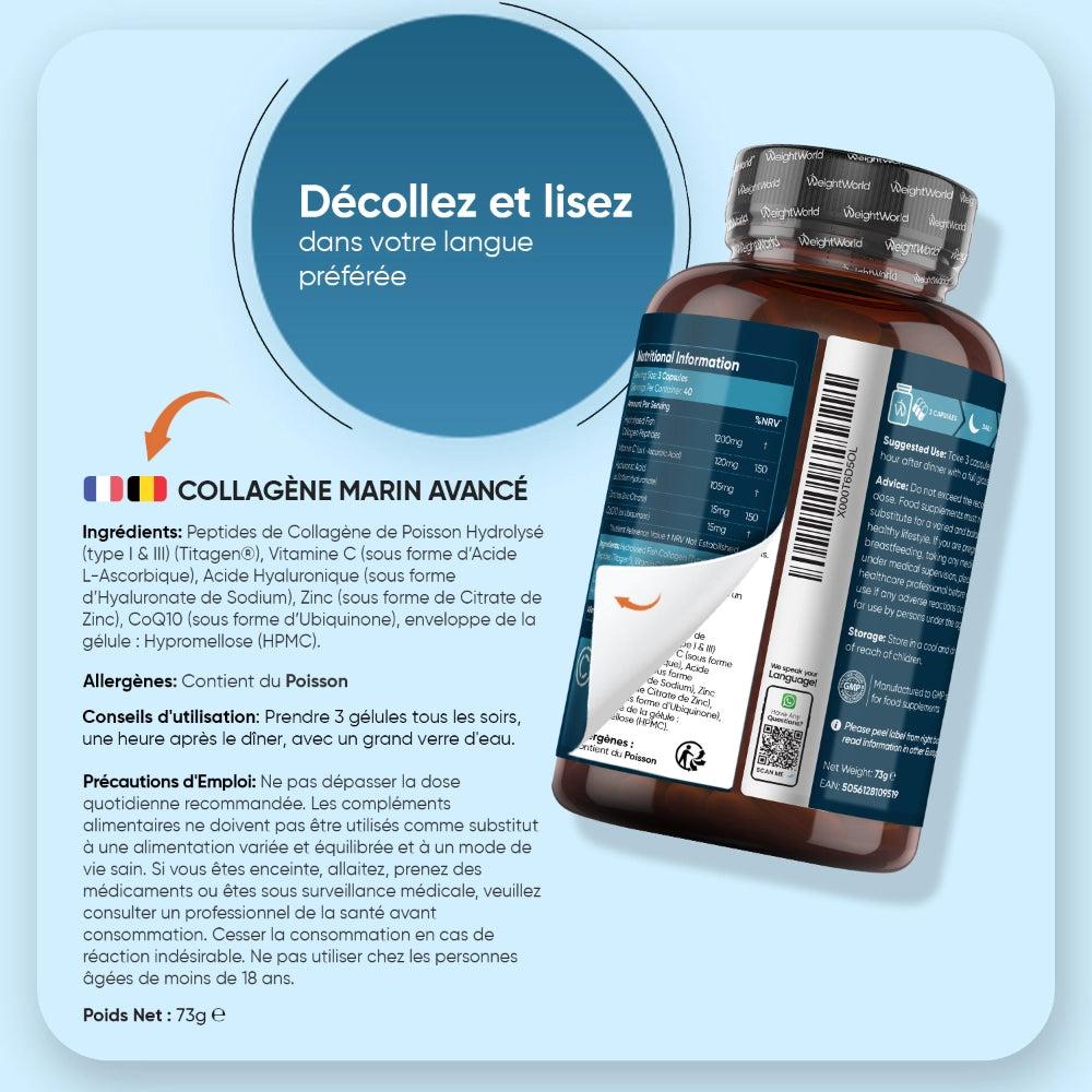 Étiquette « Décollez et lisez » sur flacon WeightWorld Collagène Marin Avancé