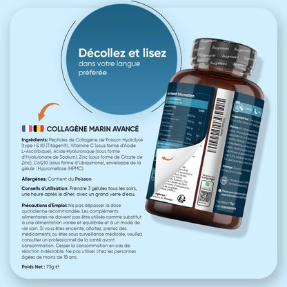 Étiquette « Décollez et lisez » sur flacon WeightWorld Collagène Marin Avancé