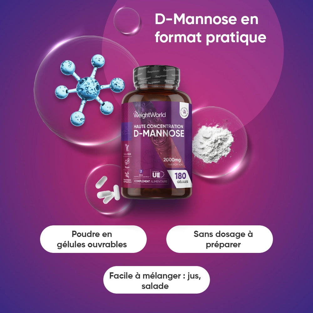 Flacon de D-Mannose WeightWorld et poudre illustrée, format pratique