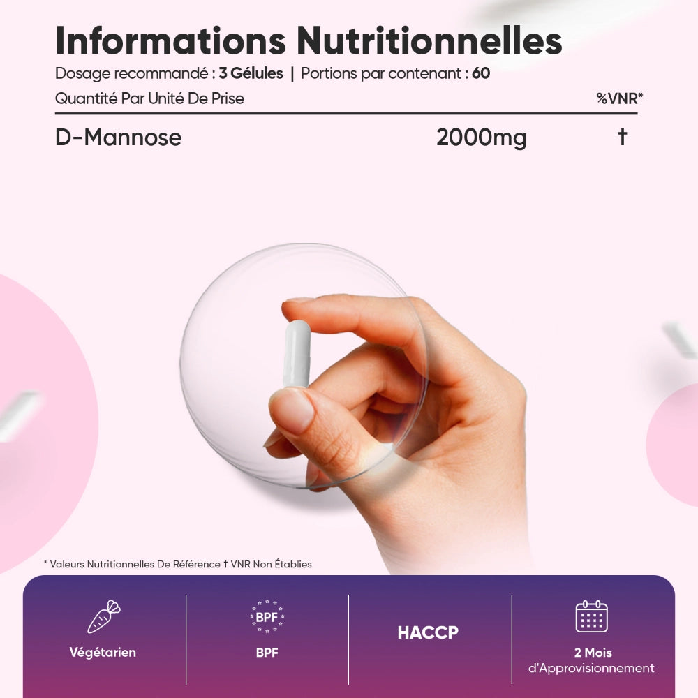 Gélules de D-Mannose, tableau nutritionnel, dose 3 gélules, 2000 mg