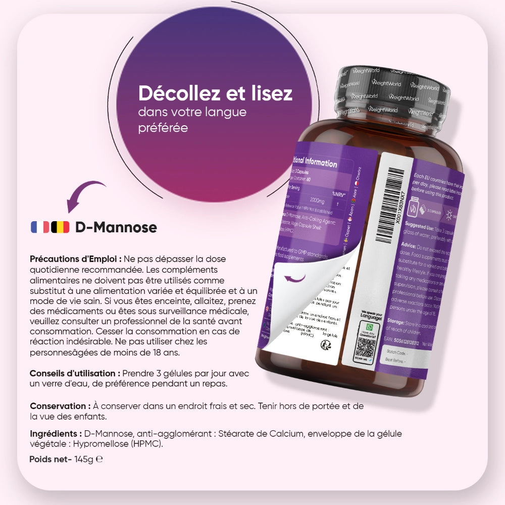 Flacon de D-Mannose WeightWorld avec consignes au verso, décollez et lisez