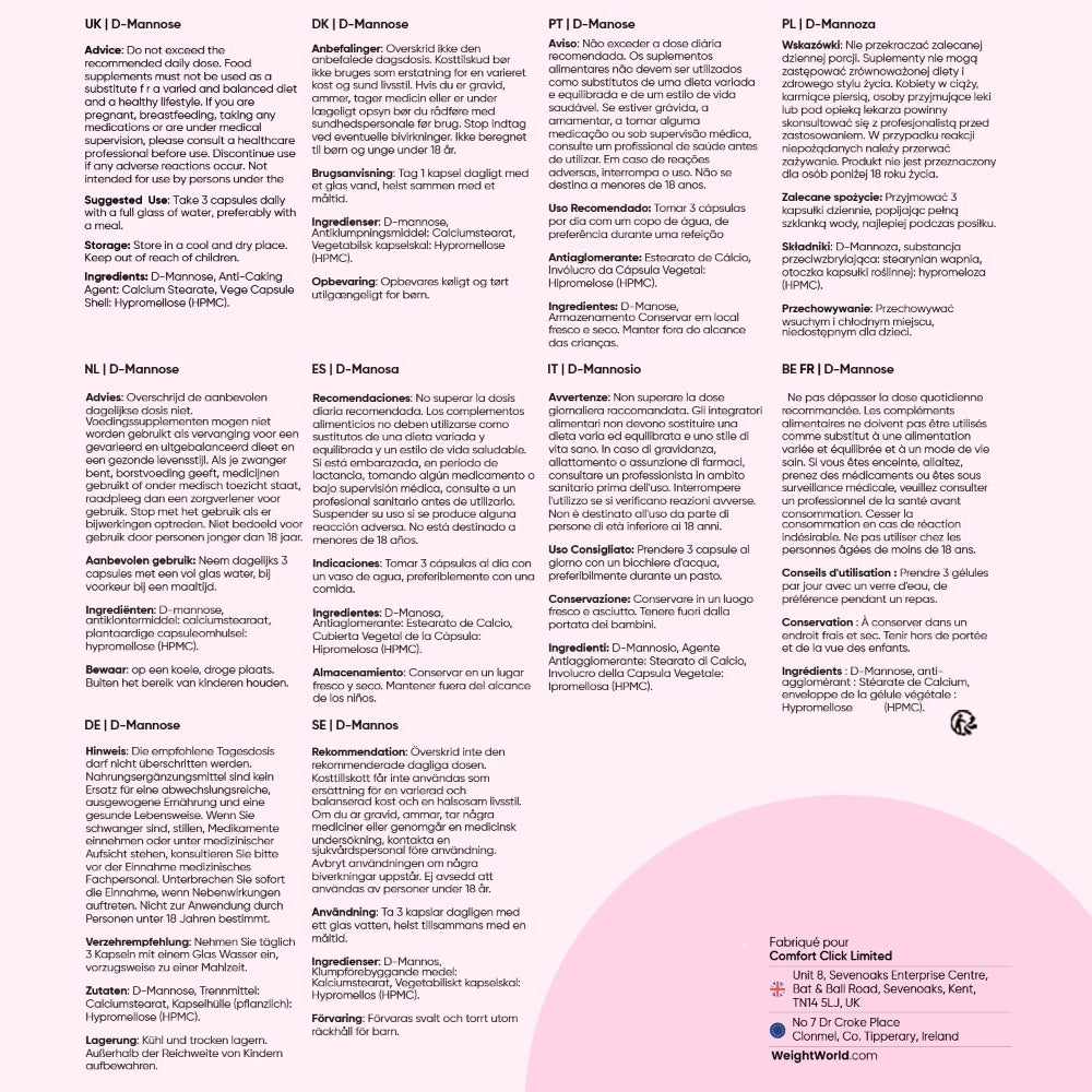 Panneau d’informations D-Mannose en plusieurs langues