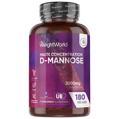 Flacon de D-Mannose WeightWorld, 180 gélules, 2000 mg