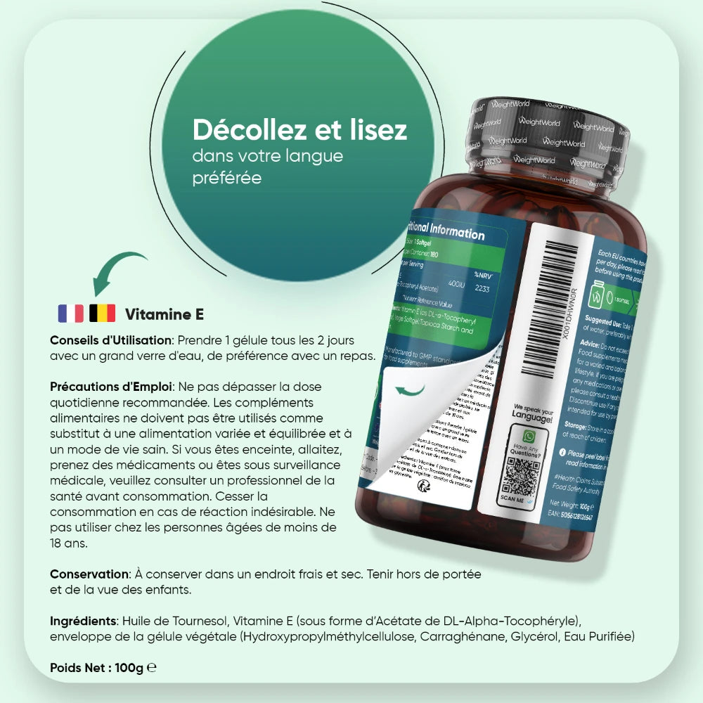 Étiquette arrière du flacon WeightWorld Vitamine E 400 UI, conseils et conservation