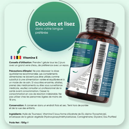 Étiquette arrière du flacon WeightWorld Vitamine E 400 UI, conseils et conservation