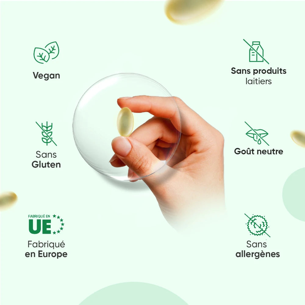 Capsule de Vitamine E 400 UI WeightWorld, main tenant une gélule, indications vegan
