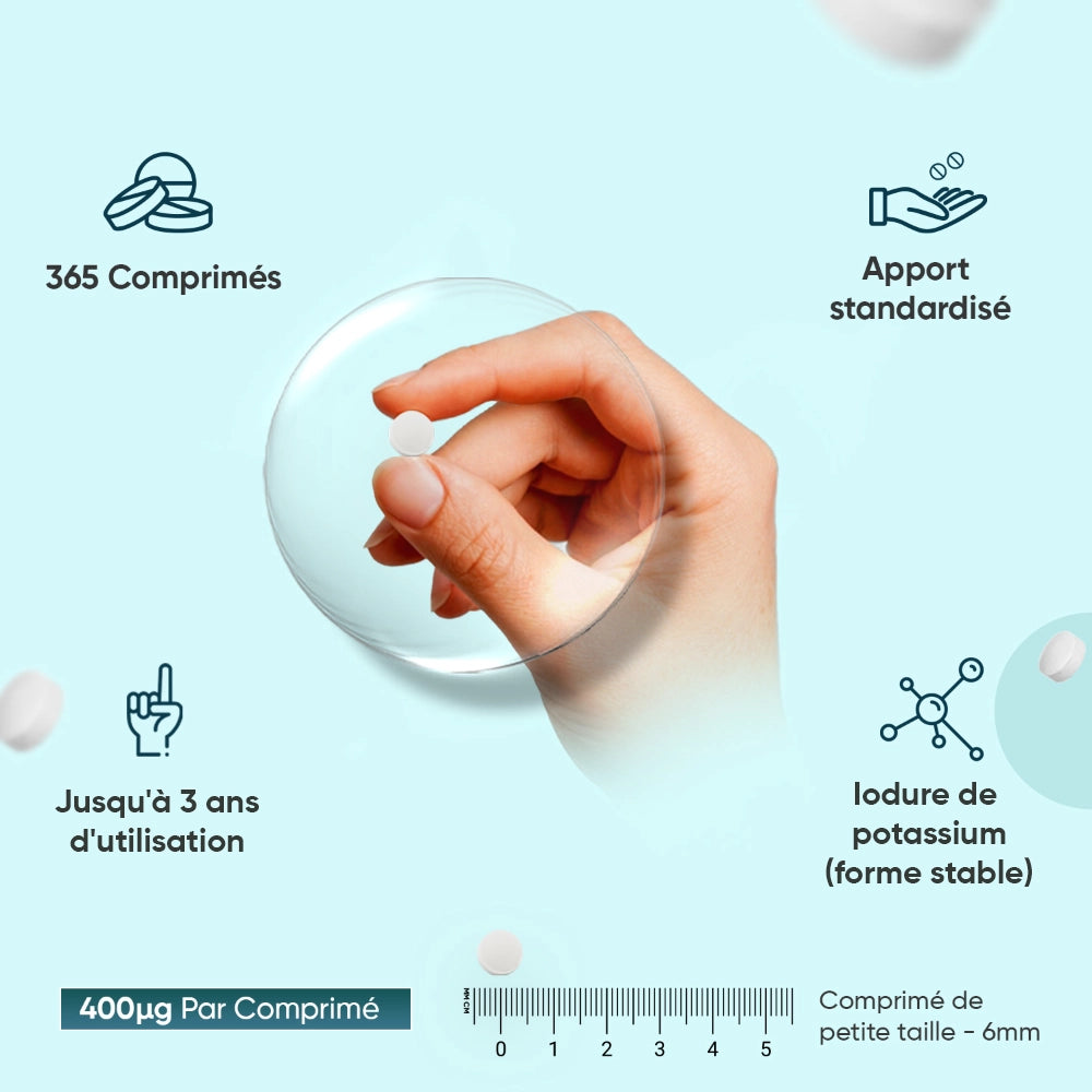 Comprimé d’iode blanc dans la main, repères de taille indiqués