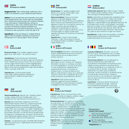 Informations en plusieurs langues : iode, ingrédients et avertissements