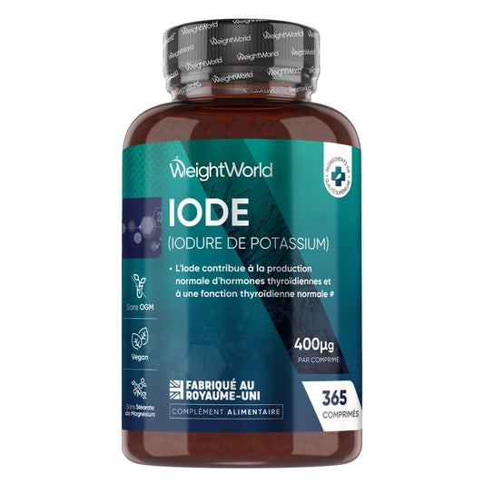 Flacon WeightWorld d’iode, étiquette bleue, 400 µg par comprimé, 365 comprimés